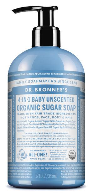 Dr Bronner's - 4 - in - 1 Sugar Organic Pump Soap 355ml - BABY (unscented) - The Bare Theory