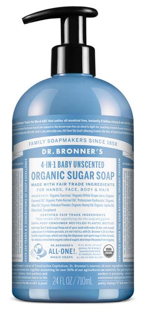 Dr Bronner's - 4 - in - 1 Sugar Organic Pump Soap 710ml - BABY (unscented) - The Bare Theory