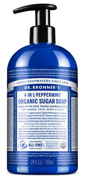 Dr Bronner's - 4 - in - 1 Sugar Organic Pump Soap 710ml - PEPPERMINT - The Bare Theory