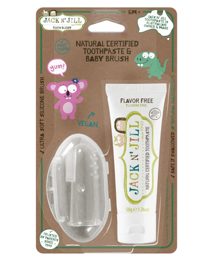 Jack N Jill - Tooth Buddy Pack - Natural Certified Toothpaste Flavor Free + Silicone Finger Brush - The Bare Theory